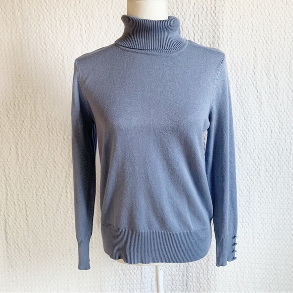 Retrology Sweaters - Retrology Blue Button Cuff Turtleneck Knit Sweater Form Fitting Sz M